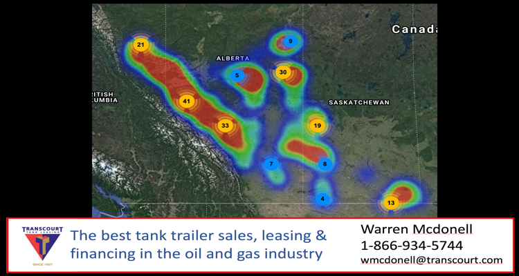 Map of 72 Oil & Gas Operators and 190 drilling rigs that spud (drilled) wells in Western Canada (Alberta, Saskatchewan, BC) last 30 days.