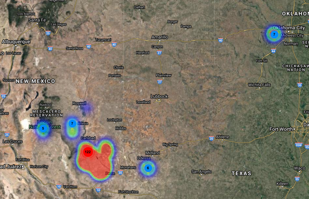 Cimarex Energy Co. map of wells drilled last two years in Texas and Oklahoma 