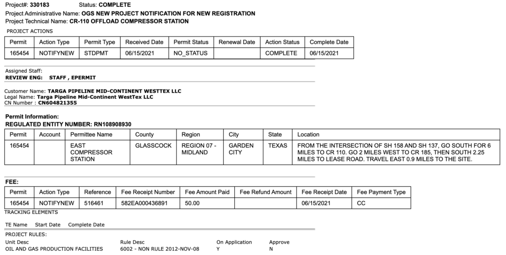 TARGA PIPELINE MID-CONTINENT WESTTEX LLC Permit #RN108908930 EAST COMPRESSOR STATION GARDEN CITY