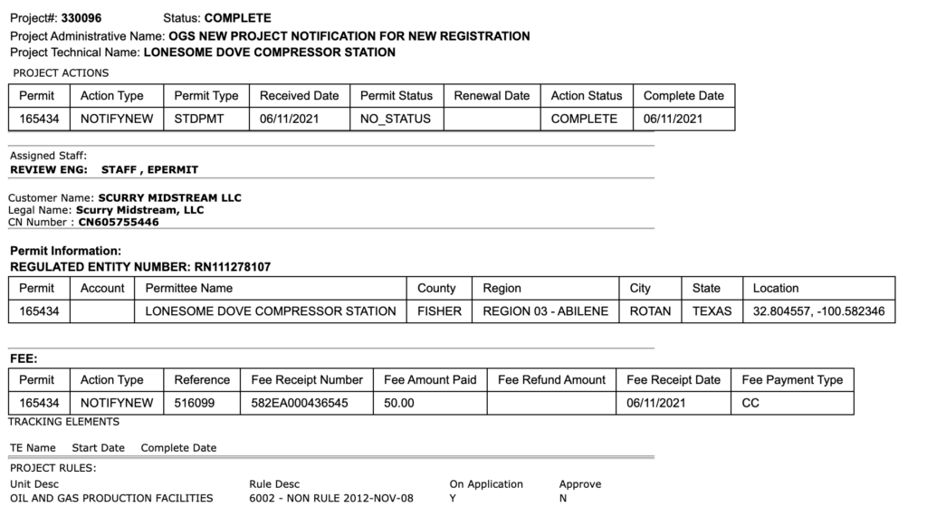 Producers Midstream (SCURRY MIDSTREAM LLC) Facility Permit #RN111278107 LONESOME DOVE COMPRESSOR STATION in the Eagle Ford