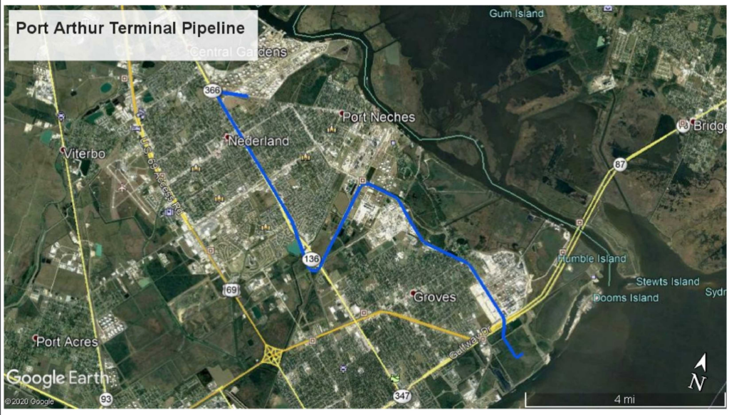 The image below is the map from the Texas T4 Pipeline Permit 10279 for 12 miles of new pipeline located JEFFERSON county Texas related to Port Arthur Terminal